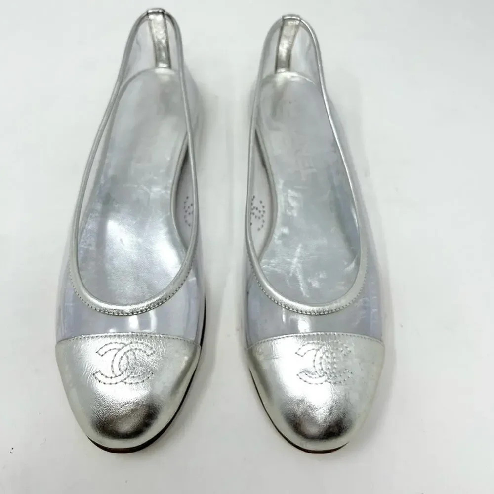 Chanel Interlocking CC Logo Silver Ballet Flat Cap Toe PVC Flat Size 36.5 EU